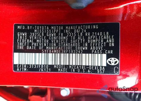 2024 Toyota Corolla Le z USA, uszkodzony, nr VIN 5YFB4MDE3RP193242